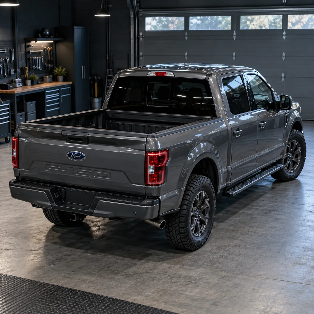 A modern gray Ford F-150 in a garage, viewed from an elevated rear three-quarter angle