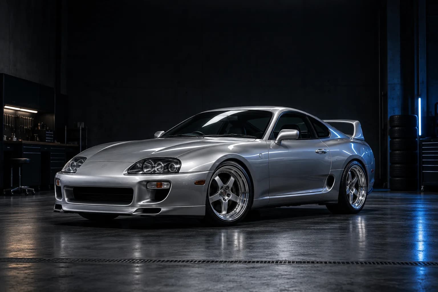 A silver Toyota Supra in a dark garage, ready for the next drive